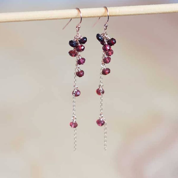 Garnet Cluster Dangle Earrings, Red Gemstone Jewelry, Delicate Sterling Silver or Rose Gold Filled Earrings, January Birthstone