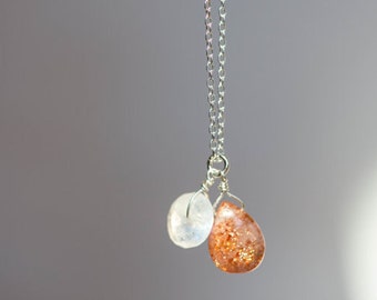 Moonstone & Sunstone Pendant on Rose Gold Filled or Sterling Silver Chain, Sunstone Necklace, Moonstone Jewelry, Oxidized Silver