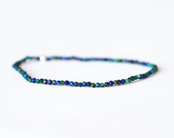 Skinny Azurite Stretch Bracelet, Ultra Delicate Beaded Dark Blue Gemstone Jewelry, Genuine Small Tiny Faceted Stones