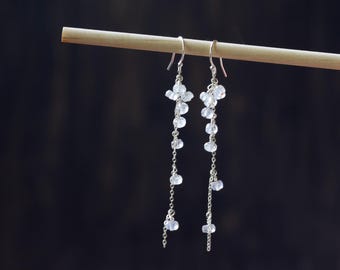 Rainbow Moonstone Cluster Dangle Earrings, Dainty Sterling Silver or Rose Gold Filled Earrings