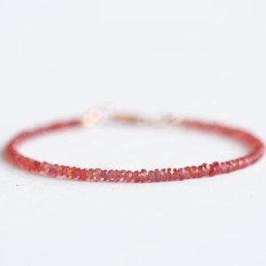 Padparadscha Sapphire Bracelet with Rose Gold Fill or Sterling Silver, Dainty Beaded Red Pink Orange Sapphire Jewelry