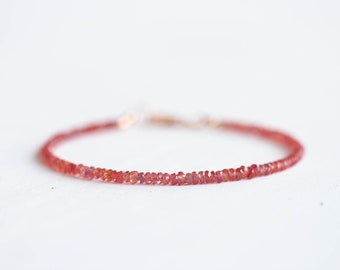 Padparadscha Sapphire Bracelet with Rose Gold Fill or Sterling Silver, Dainty Beaded Red Pink Orange Sapphire Jewelry