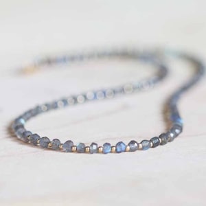 Beaded Labradorite Necklace with Rose Gold Fill or Sterling Silver, Dainty Beaded Layering Gemstone Necklace, Labradorite Jewelry