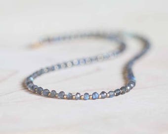 Beaded Labradorite Necklace with Rose Gold Fill or Sterling Silver, Dainty Beaded Layering Gemstone Necklace, Labradorite Jewelry