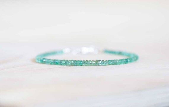 Natural Zambian Emerald Faceted May Birthstone Gems Beads Bracelet Silver Clasp