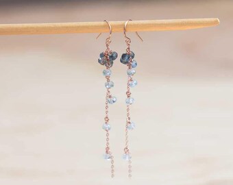 Moss Aquamarine Dangle Earrings, Delicate Sterling Silver or Rose Gold Filled Cluster Earrings