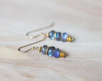 Labradorite Earrings on Sterling Silver or Gold Filled Earwires, Gemstone Dangle Stack Earrings, Labradorite Jewelry