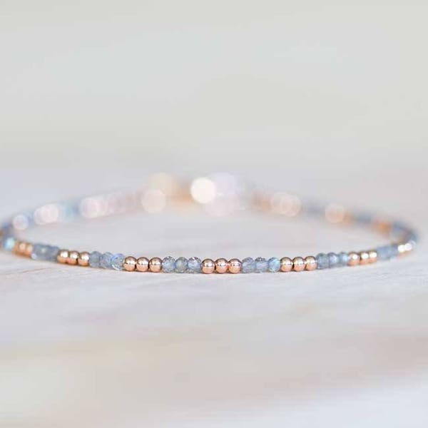 Labradorite Bracelet, Ultra Delicate Minimal Stacking Beaded Grey Gemstone Jewelry, Minimalist Super Skinny, Sterling Silver Rose Gold Fill