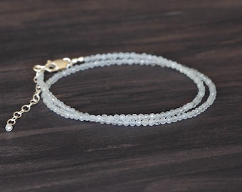 Dainty Aquamarine Necklace, March Birthstone Beaded Wrap Bracelet or Choker