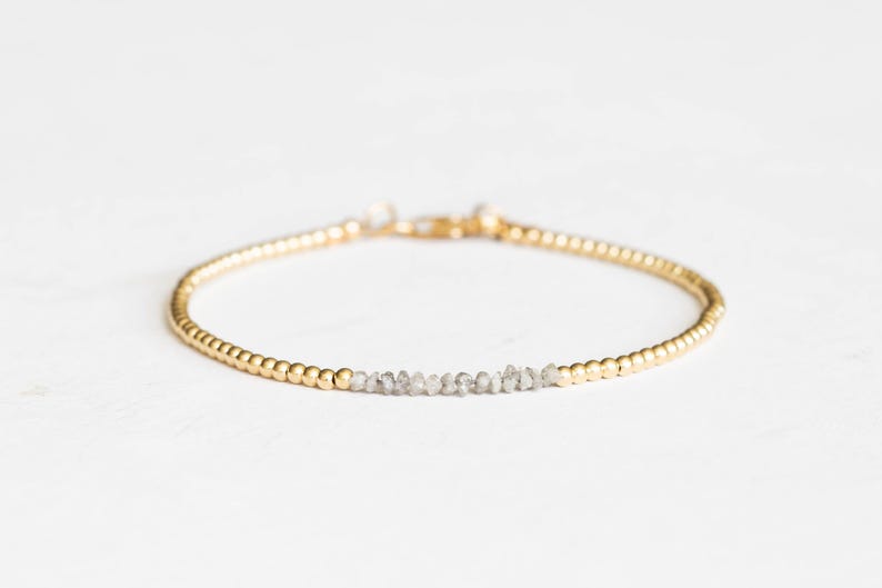 Rough Gray Diamond Bracelet with Rose Gold Fill or Sterling Silver, Dainty Raw April Birthstone Beaded Jewelry image 2