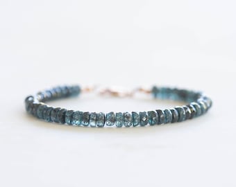 Teal Kyanite Bracelet, Genuine Gemstone Jewelry with Rose Gold Fill or Sterling Silver