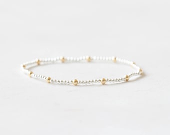 Sterling Silver Beaded Bracelet with Gold Filled Accents, Dainty 2mm Beads Elastic Mixed Metal Jewelry