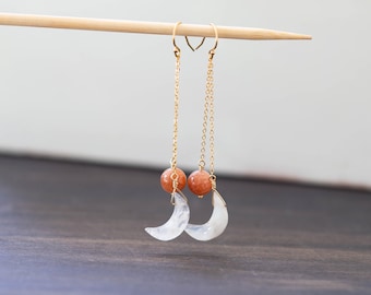 Sunstone & Rainbow Moonstone Crescent Earrings: Sterling Silver, Yellow or Rose Gold Filled