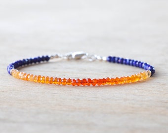 Carnelian & Lapis Bracelet, Beaded Lapis Lazuli Jewelry, Orange Blue Gemstone Stacking Bracelet