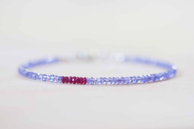 Tanzanite Bracelet with Ruby, Delicate Multi Gemstone Stacking Skinny Bracelet, Tanzanite Jewelry, December July Birthstone, Genuine Ruby image 3