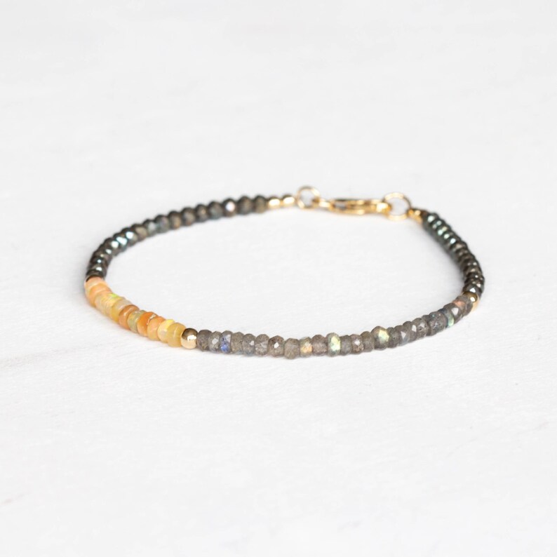 Opal, Pyrite & Labradorite Bracelet, Delicate Gemstone Beaded Bracelet, Labradorite Jewelry, Beaded Pyrite Bracelet, Multi Gemstone Stacking image 2