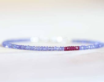 Tanzanite Bracelet with Ruby, Delicate Multi Gemstone Stacking Skinny Bracelet, Tanzanite Jewelry, December July Birthstone, Genuine Ruby