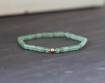 Green Aventurine Stretch Bracelet with Sterling Silver, Yellow or Rose Gold Filled