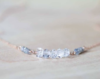 Delicate Quartz Crystal Necklace on Rose Gold Filled or Sterling Silver Chain, Herkimer Diamond Type Crystal Necklace, April Birthstone