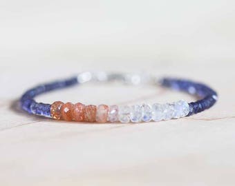 Iolite Bracelet with Rainbow Moonstone & Sunstone, Blue Gemstone Stacking Jewelry, Sterling Silver or Rose Gold Filled