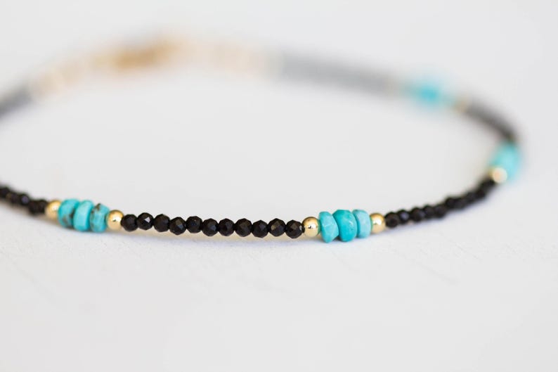Dainty Black Spinel Bracelet with Genuine Turquoise, Natural Gemstone Jewelry image 3
