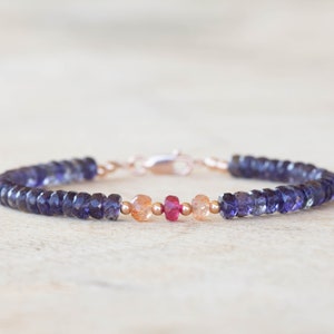 Iolite Bracelet with Ruby & Sunstone, Sterling Silver or Rose Gold Filled, Beaded Multi Gemstone Stacking Jewelry