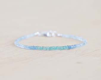 Emerald & Shaded Aquamarine Bracelet, Delicate March May Birthstone Jewelry, Sterling Silver Rose Gold Fill, Natural Genuine Gemstones