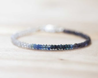 Rainbow Moonstone, Iolite & Sapphire Bracelet, Dainty Shaded Blue Sapphire Jewelry, Sterling Silver Rose Gold Fill Moonstone Bracelet