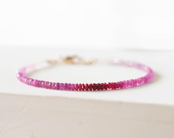 Dainty Shaded Pink Sapphire Bracelet, Genuine September Birthstone Beaded Jewelry
