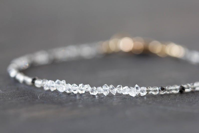 Dainty Rutilated Quartz Bracelet with Herkimer Diamonds, Tiny Double Terminated Quartz Jewelry, Dainty Clear Black Gemstones image 4