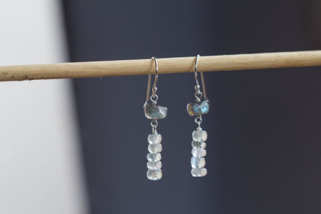 Wire Wrapped Labradorite and Moonstone Large Kite Dangle Earrings in Gold Fill