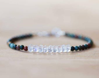 Bloodstone Bracelet with Rainbow Moonstone, Multi Gemstone Bracelet, Moonstone Jewelry, Sterling Silver Rose Gold Fill, Bloodstone Jewelry