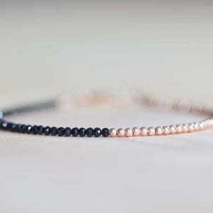 Black Spinel Bracelet, Sterling Silver or Rose Gold Filled, Delicate Black Gemstone Skinny Stacking Bracelet, Tiny Faceted Beads Jewelry image 2