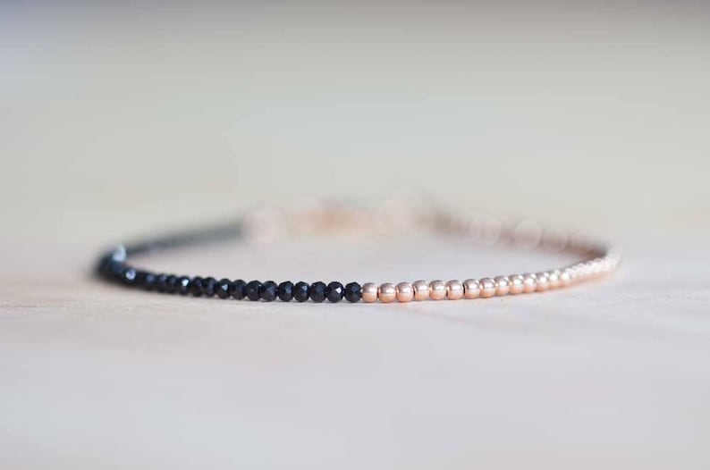 Black Spinel Bracelet, Sterling Silver or Rose Gold Filled, Delicate Black Gemstone Skinny Stacking Bracelet, Tiny Faceted Beads Jewelry image 2