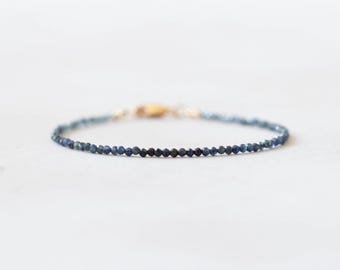 Tiny Blue Sapphire Bracelet: Dainty Shaded September Birthstone Jewelry with Sterling Silver, Yellow or Rose Gold Filled