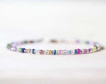 Multi Color Sapphire Bracelet, Rose Gold Fill or Sterling Silver, Delicate Beaded September Birthstone Jewelry