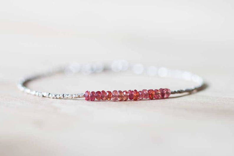 Ultra Delicate Fine Silver Bracelet with Padparadscha Sapphire, Skinny Karen Hill Tribe Beaded Stacking Bracelet, Sterling Silver Jewelry image 2