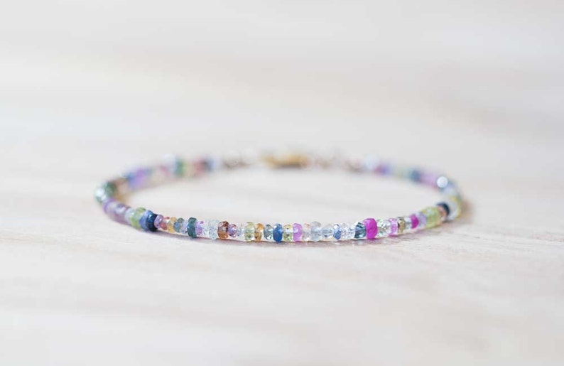 Multi Color Sapphire Bracelet, Rose Gold Fill or Sterling Silver, Delicate Beaded September Birthstone Jewelry image 3