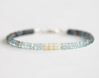 Moss Aquamarine Bracelet with Welo Opal, Delicate Ethiopian Opal Jewelry, Beaded Shaded Jewelry, Sterling Silver or Rose Gold Filled