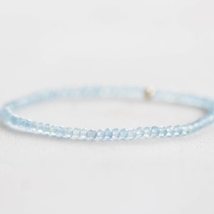 Aquamarine Stretch Bracelet, Dainty Beaded Blue Stone Jewelry, March Birthstone Crystal Gift