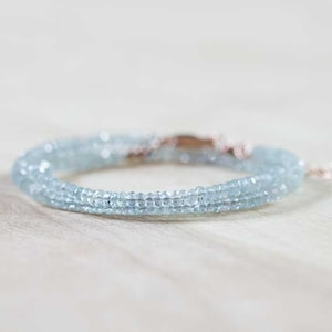 Beaded Aquamarine Necklace or Multi Wrap Bracelet, Delicate March Birthstone Jewelry, Rose Gold Filled or Sterling Silver