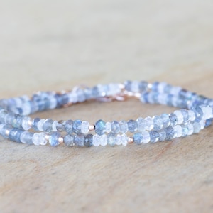 Labradorite & Rainbow Moonstone Beaded Necklace or Multi Wrap Bracelet, Dainty Rose Gold Filled or Sterling Silver Jewelry