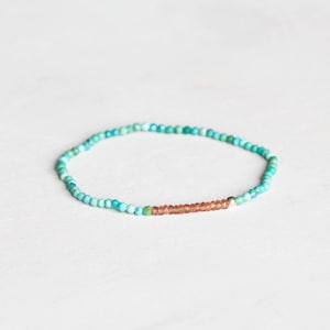 Dainty Turquoise Stretch Bracelet with Peach Sapphire, Delicate Beaded Arizona Turquoise Jewelry