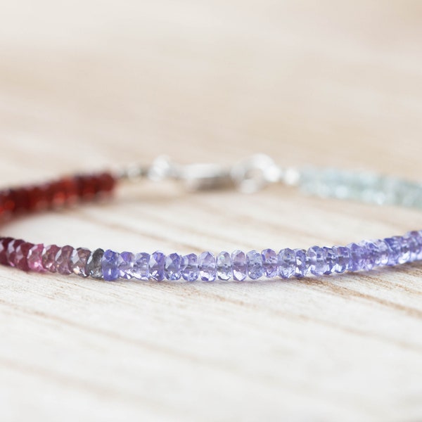 Gemstone Ombre Bracelet with Tanzanite, Garnet and Aquamarine, Delicate Faceted Beaded Jewelry, Rose Gold Fill or Sterling Silver