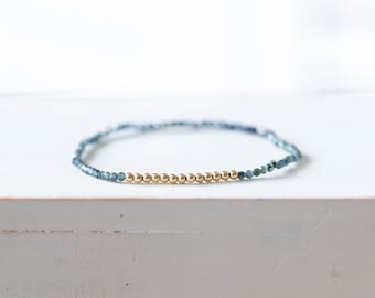 Teal Sapphire Stretch Bracelet, Dainty Beaded Dark Blue September Birthstone Jewelry
