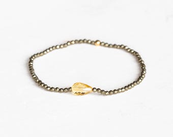 Dainty Pyrite Stretch Bracelet with Citrine, Delicate Beaded Multi Gemstone Jewelry