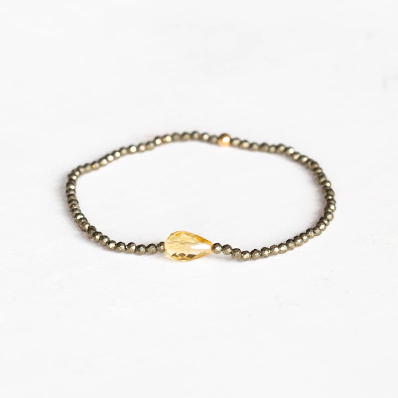 Dainty Pyrite Stretch Bracelet with Citrine, Delicate Beaded Multi Gemstone Jewelry image 1