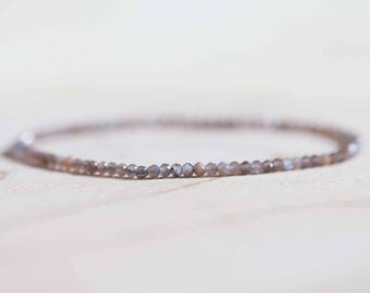 Dainty Brown Moonstone Stretch Bracelet, Delicate Grey Chocolate Gemstone Jewelry, Faceted Beads on Elastic Cord