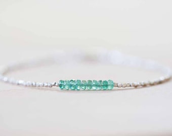 Delicate Emerald Bracelet with Fine Silver, Skinny Karen Hill Tribe Beaded Stacking Bracelet, Sterling Silver Zambian Geniue Emerald Jewelry