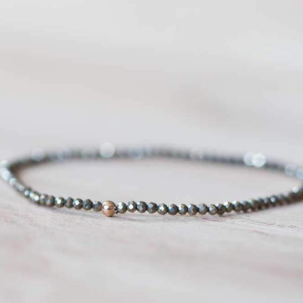 Delicate Pyrite Stretch Bracelet, Beaded Pyrite Jewelry, Gemstone Elastic Stacking Bracelet, Minimal Simple Fools Gold